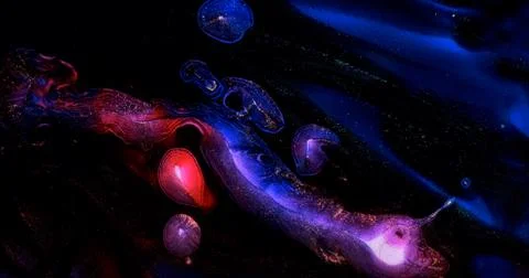 Dark blue red paint abstract background. Black ink flow, sparkling. Shiny gold Stock Illustration
