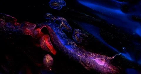 Dark blue red paint abstract background. Black ink flow, sparkling. Shiny gold Stock Illustration