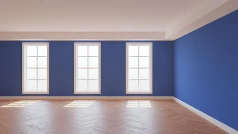 Dark Blue Room with a White Ceiling and Cornice, Glossy Herringbone Parquet Stock Illustration