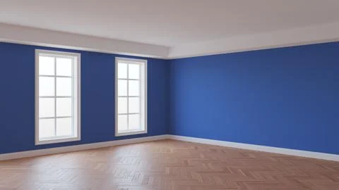Dark Blue Room with a White Ceiling and Cornice, Glossy Herringbone Parquet Stock Illustration