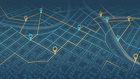 Dark blue schematic city layout with orange tracking paths and markers. Stock Illustration