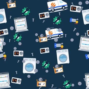 Dark blue seamless pattern with dishwashers, washing machines, service vans, Stock Illustration