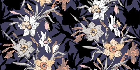 Dark blue seamless pattern with elegant ink hand drawn flowers daffodils. Stock Illustration