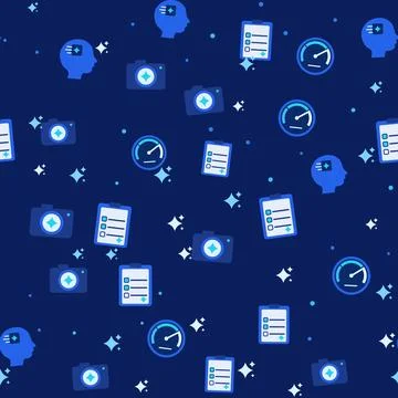 Dark blue seamless pattern with flat icons of artificial intelligence head, Stock Illustration