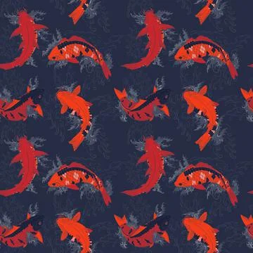 Dark blue seamless pattern with Japanese Koi Carp fishes Stock Illustration