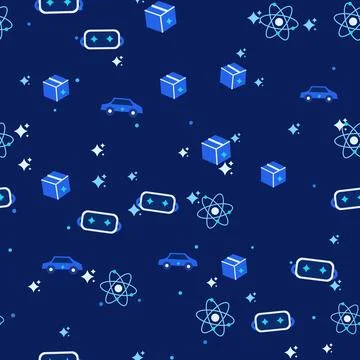 Dark blue seamless pattern with parcel boxes, electric cars, atoms, VR headsets Stock Illustration