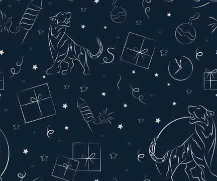 Dark blue Seamless pattern with tiger head, cloud, peony flower in light blue Stock Illustration