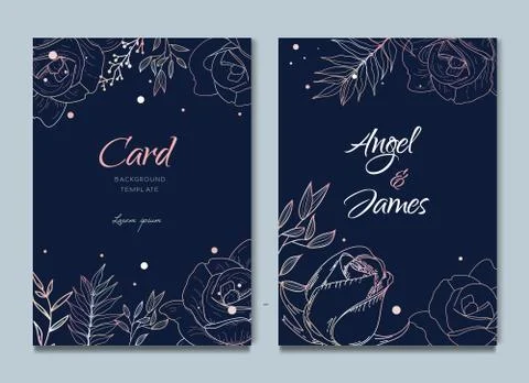 Dark Blue Silhouette Floral Frame Card Wedding Invitation Stock Illustration
