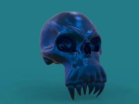 Dark blue skull with a vampire teeth on a green background, 3D Stock Illustration