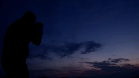 Dark blue sky and working boxer silhouette Stock Footage 83464278