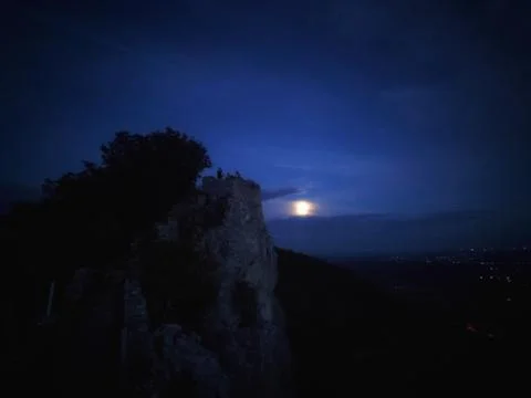 Dark Blue Sky with Distant Moon in Night Atmosphere 库存照片