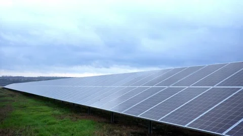 Dark blue solar station panels reflect light Stock Footage 143879682