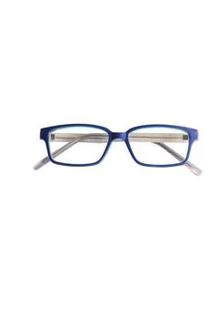 Dark blue square eyeglass frames in the photo from the front isolated on a wh Stock Photos