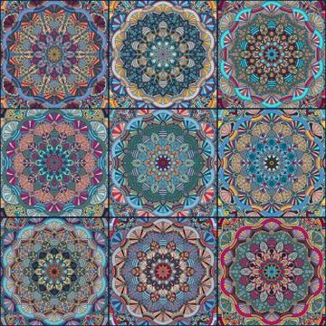 Dark Blue Square Tile Boho Pattern Illustrazione stock