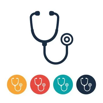 Dark blue stethoscope icon on white background with four colorful circular .. Stock Illustration