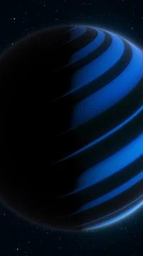 Dark blue striped sphere floating in outer space with distant stars, sugges.. Illustrazione stock
