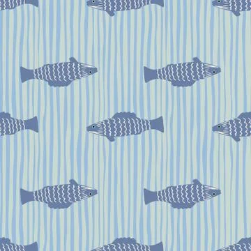 Dark blue stylized fish elements seamless pattern. Doodle aquatic ornament wi Stock Illustration
