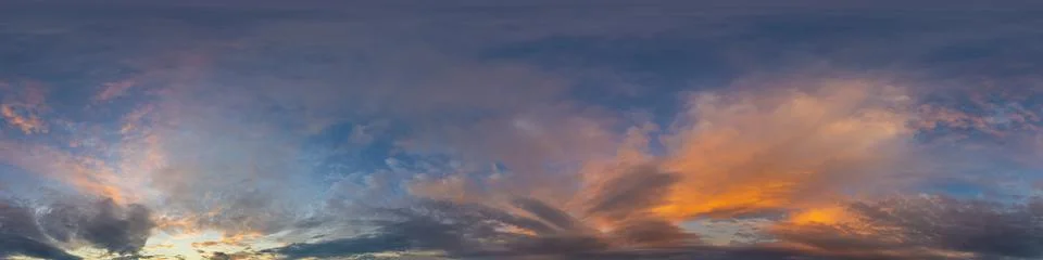 Dark blue sunset sky panorama with pink Cumulus clouds. Seamless hdr 360 Stock Photos
