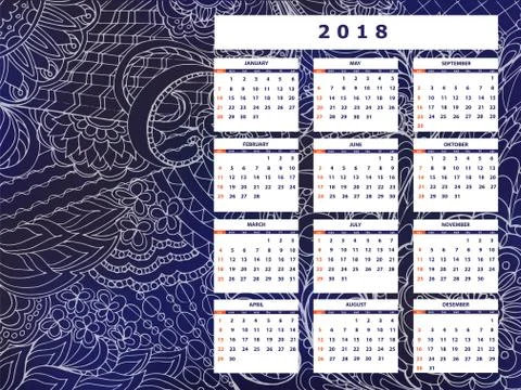 Dark blue tangle zen pattern calendar year 2018 Stock Illustration