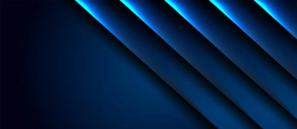 Dark blue tech stripes with neon glowing lights abstract geometric background Illustrazione stock