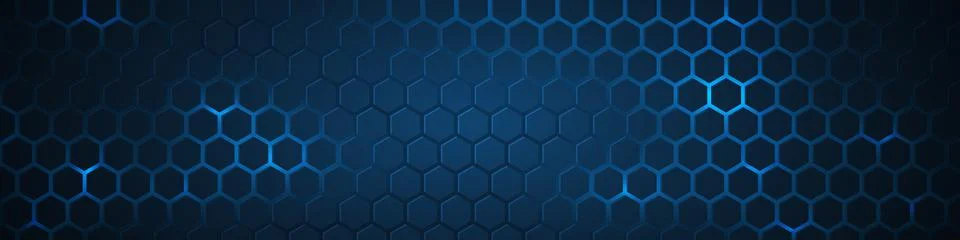 Dark blue technology hexagonal wide background. Blue tech honeycomb texture grid Illustrazione stock