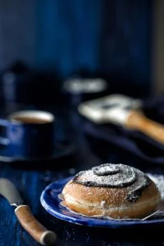 Dark blue themed breakfast table. Stock Photos