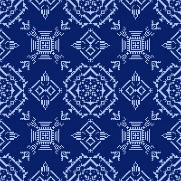 Dark blue tile patterns in indigenous Asian styles with pixel art. Stock Illustration