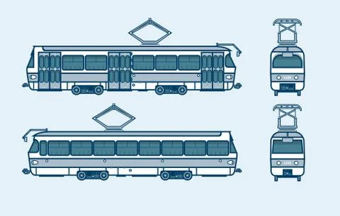 Dark blue tram front, side, back view line style Stock Illustration