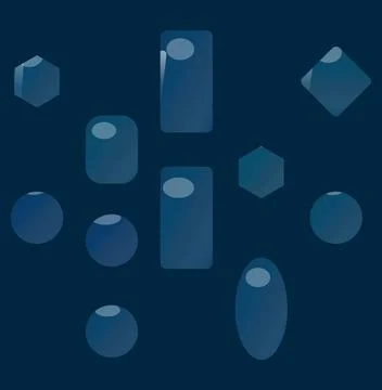 Dark blue transparent geometric icon collection scattered across deep navy .. Stock Illustration