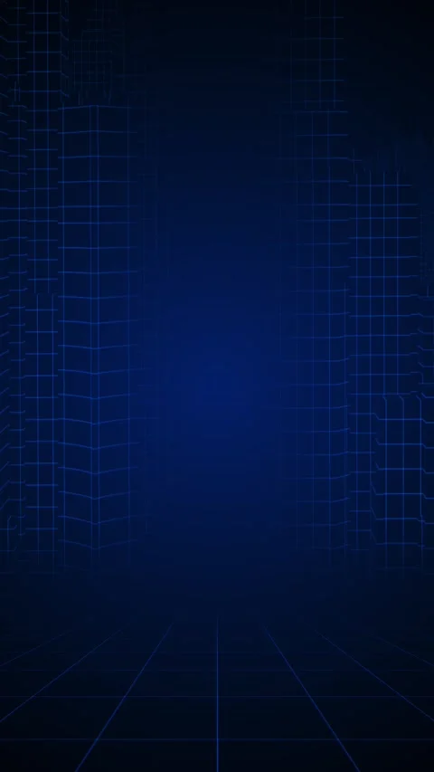 Dark blue urban grid scene line drawn towers, glowing floor rays, deep digital p Stock Footage 340468015
