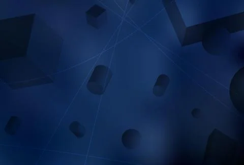 Dark BLUE vector background with 3D cubes, cylinders, spheres, rectangles. Illustrazione stock
