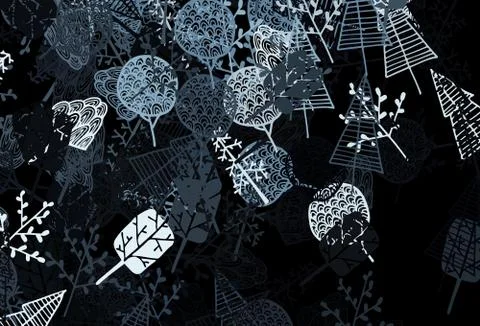 Dark BLUE vector doodle pattern with trees, branches. Stockillustratie