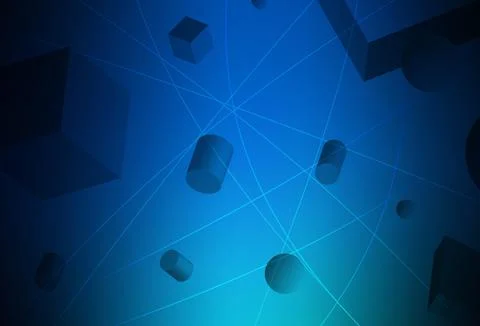 Dark BLUE vector pattern with 3D cubes, cylinders, spheres, rectangles. Stock Illustration