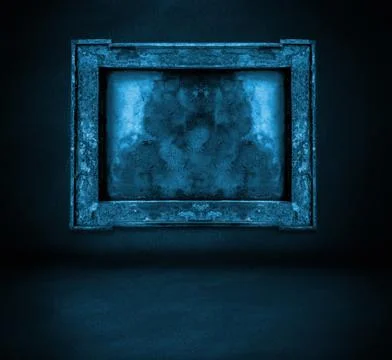 Dark blue wall with frame and floor interior background Fotos de archivo