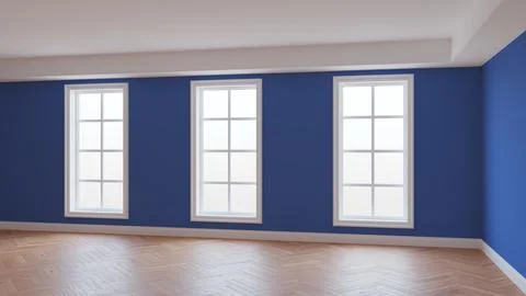 Dark Blue Walls Interior, Three Large Windows, Light Glossy Herringbone Parquet Stock Illustration