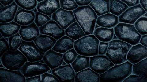 Dark bluish wall made of stone and cement. Mosaic of rocks used as tiles. Toned Foto stock