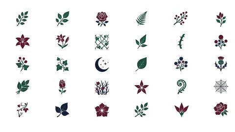 Dark botanical elements and celestial icons set with moody flowers leaves a.. Stock Illustration