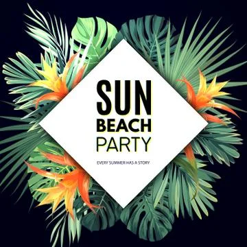 Dark botanical vector flyer template with exotic plants, palm leaves and orange 库存插图