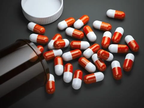 Dark bottle with capsules on dark background Stock Illustration