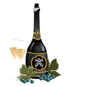 Dark bottle with ice cubes and empty crystal glasses Stock Illustration