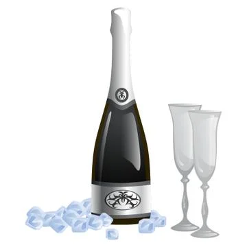 Dark bottle with ice cubes and empty crystal glasses Illustrazione stock
