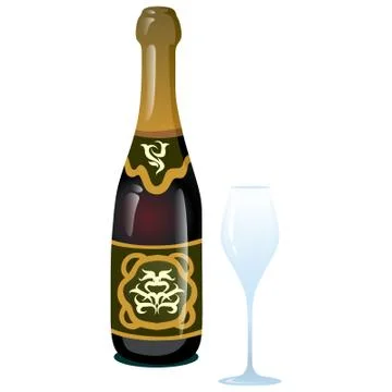 Dark bottle with ice cubes and empty crystal glasses Stock Illustration