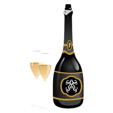 Dark bottle with ice cubes and empty crystal glasses Stock Illustration