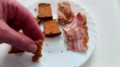 Dark Bread Crumbs and Sliced Meat Arranged on White Plate Surface 스톡 동영상 329543279