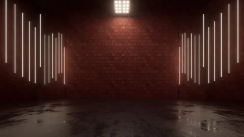 Dark brick interior with glowing neon light tubes and spotlight motion 스톡 동영상 327114201