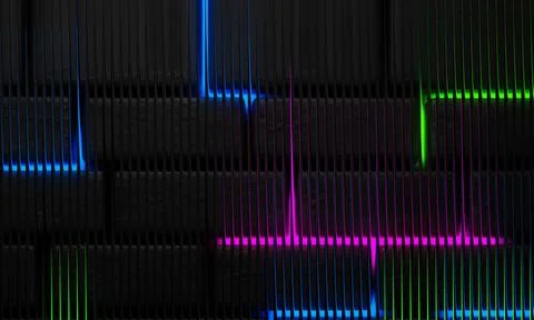 Dark brick wall texture with vibrant blue, pink and green neon lighting and.. 库存插图