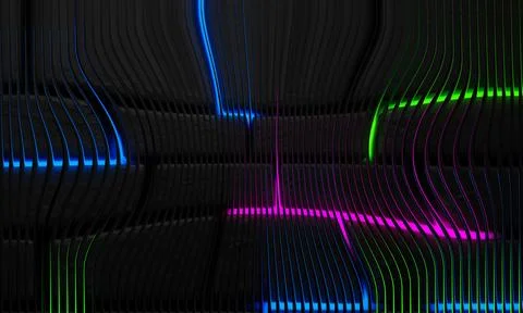 Dark brick wall texture with vibrant blue, pink and green neon lighting and.. 库存插图