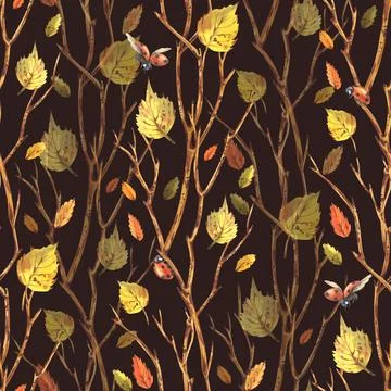 Dark brown autumn seamless pattern with yellow birch leaves, ladybugs and tree 스톡 일러스트