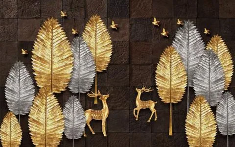 Dark brown background, gray and gold abstract trees, a pair of deers Stock Illustration