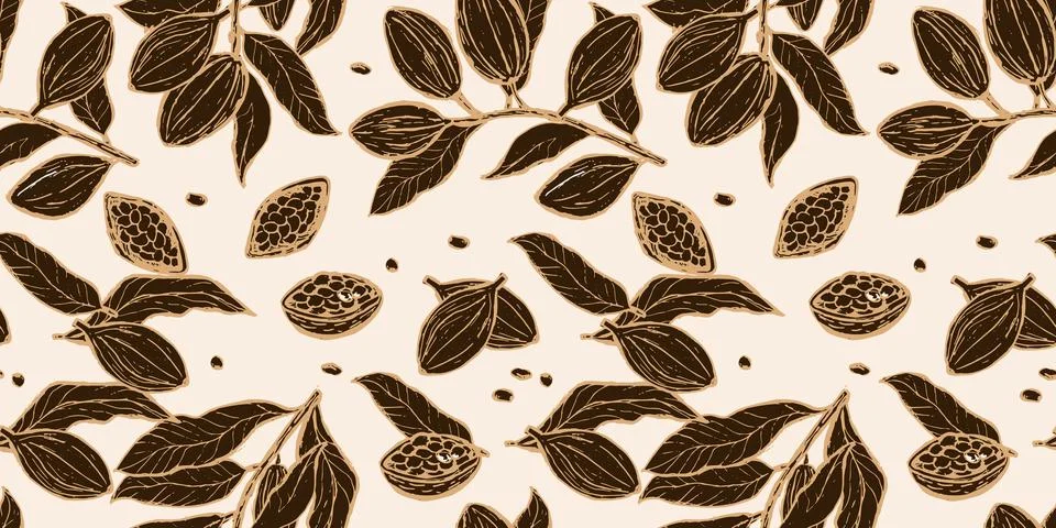 Dark brown cocoa plant pattern for chocolate food background. Illustrazione stock
